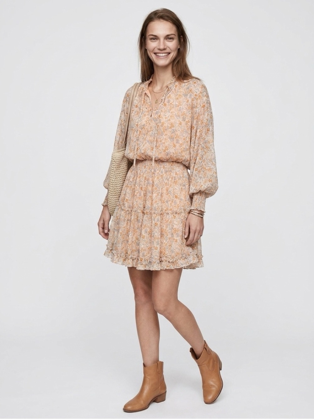 She + Sky Ruffled Floral Long-Sleeve Mini Dress - Cream & Orange